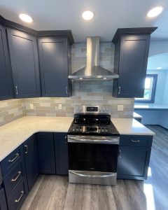 kitchen stove design blue cabinets
